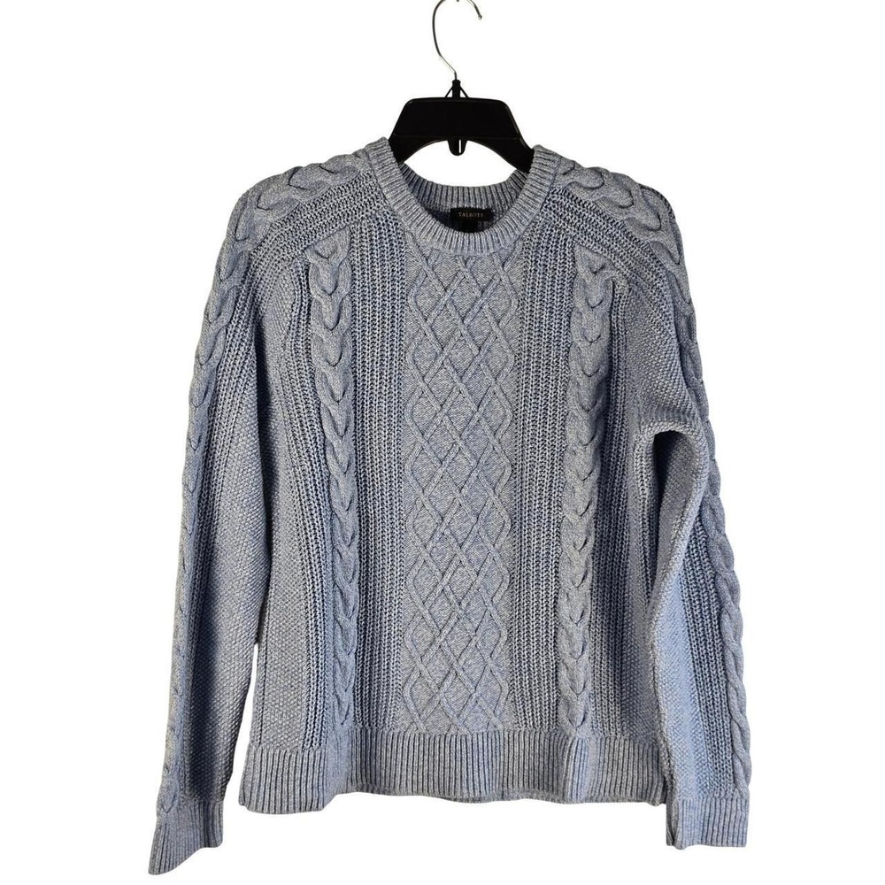 Talbots Womens Light Blue Cable Knit Cotton Sweater Crewneck L Preppy